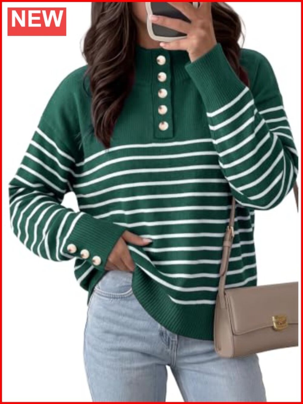 Striped Viscose Blend Oversized Sweater Pullover Half Button